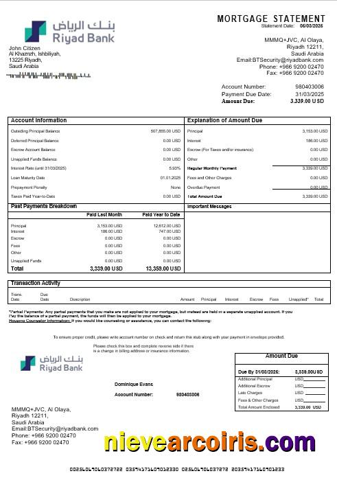Saudi Arabia Riyad Bank mortgage statement
